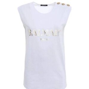 Balmain White Muscle Tee with Gold Accents